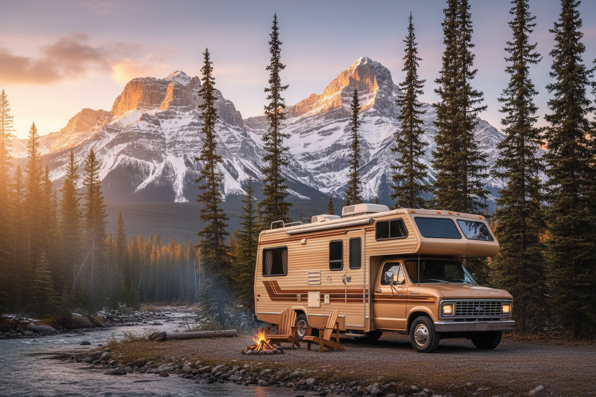 Ford Majestic Motorhome at mountain campsite