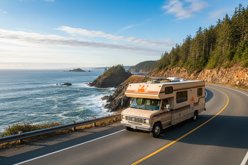 Ford Majestic Motorhome on coastal highway